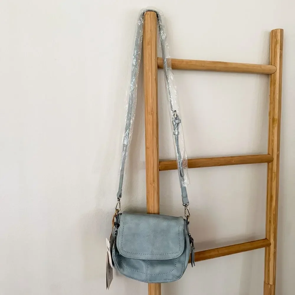 NWT Anthropologie Andi Kraft Dusty Blue Crossbody Saddle Bag Vegan Leather